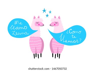 Two Llamas talking. What is your name? My name is Llama. Funny doodle design lama animals talking. Como te llamas, me llamo llama. Wordplay, pun illustration design.