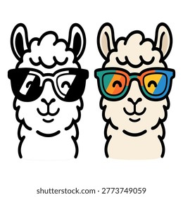 Two llamas wearing sunglasses one black and white outline one colorful a cute graphic