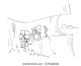 Two loaded mules and herder walking on dangerous path in mountains, This type of cargo transport widely used in himalayas, Vector sketch, Hand drawn linear illustration