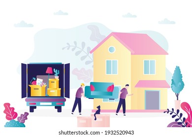 Two loaders bring sofa into house. Van full of packed household items. Concept of relocation in new home. Movers move clients belongings to house. Truck with furniture and boxes. Vector illustration