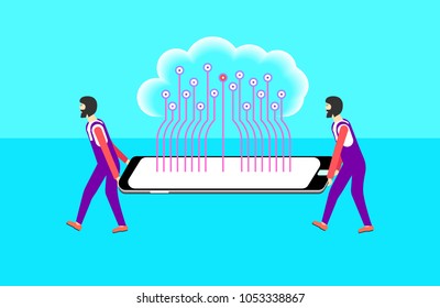 Two loaders bringing smartphone with cloud technology going out the screen through the multiple connections