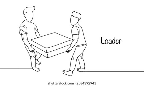 Two loaders carry a heavy box. Men are engaged in loading and unloading goods, packaging, furniture or other cargo. Simple vector illustration for different uses.