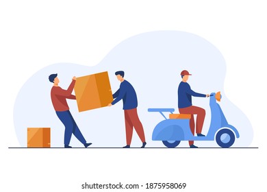 Two loaders carrying big carton box to couriers scooter. Delivery man with moped flat vector illustration. Logistics, delivery, moving, service concept for banner, website design or landing web page