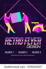 Two loaders carrying big carton box to couriers scooter. Delivery man with moped flat vector illustration. Logistics, delivery, moving, service concept for banner, website design or landing web page