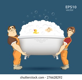 Two loaders movers holding and carrying white bathtub with kid, yellow duck and foam with bubbles. Moving services 3d creative concept and conceptual illustration.