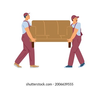Two loaders or movers man holding and carrying couch, flat vector illustration isolated on white background. Cargo shipping or moving services employees.