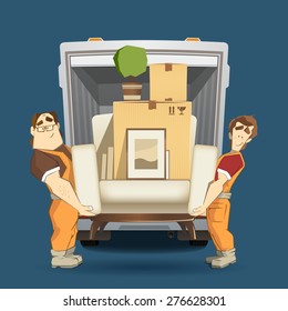 Two loaders movers man holding and carrying armchair with cardboard box, flower, pictures and books. Moving services 3d creative concept and conceptual color vector illustration.