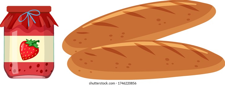 Two loaf of breads and jar of strawberry jam illustration