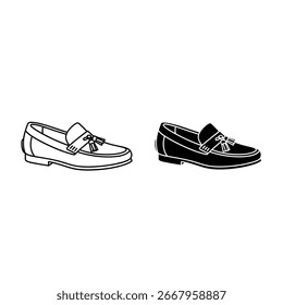 Dois sapatos loafer, um contorno branco e uma silhueta preta, são exibidos lado a lado em um fundo branco.