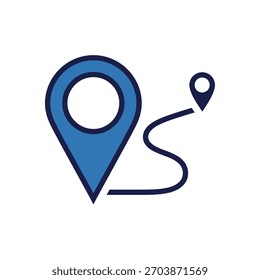 Dos iconos de pin de ubicación conectados por una línea sinuosa, que indican una ruta o camino.