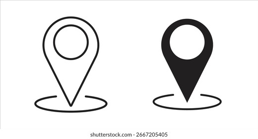 Dois ícones de pin de localização: um contorno, um preenchido. Design simples e limpo, isolado no branco.