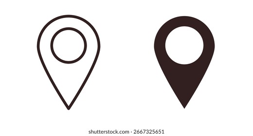 Two location pin icons, one outlined and one filled, isolated on a white background. Simple and versatile design.