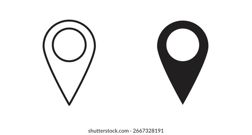 Dois ícones de pinos de localização, um preto e um contorno, isolados em um fundo branco. Design simples e minimalista.