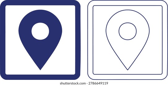 Two location pin icons one solid blue and one outlined in a square frame illustration recolor