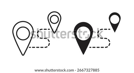 Two location pins connected by a dotted line illustrating a route or journey. Simple, clean design, isolated on white.