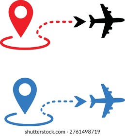 Two location pins connecting to different colored airplanes representing travel options. Vector