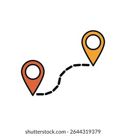 Two Location Pins with Dashed Route Line in Flat Style Symbolizing Journey or Navigation Path