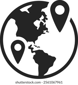 Two location pins marking distinct spots on the Earths globe, representing the concepts of global travel, international shipping, and worldwide delivery services