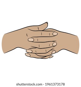 Two locked female hands with intertwined fingers. Cartoon style Human gesture.