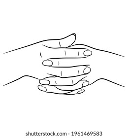 Two locked female hands with intertwined fingers. Cartoon style. Human gesture. Black and white linear silhouette.