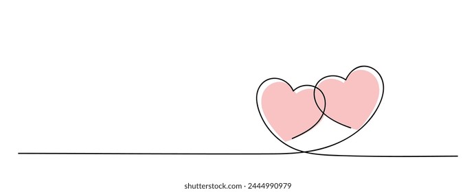 dos corazones bloqueados dibujo continuo de una línea, día de san valentín, amor negro lineal Vector Horizontal elemento decorativo