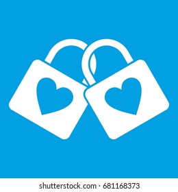 Two locked padlocks with hearts icon white isolated on blue background vector illustration