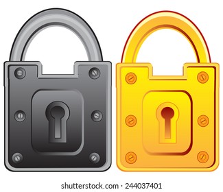 Two locks from door from steels and gild on white 