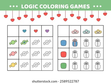 Two logic coloring game with sweet and gift. Color the candy and present in correct color. Activity for kids in kindergarten and preschool. Isolated vector illustration eps 10