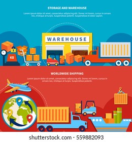 Two logistic banner set with worldwide shipping and storage and warehouse isolated and with text vector illustration