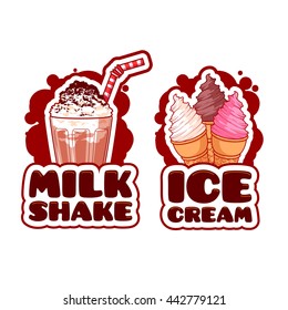 Two Logo Template For Milkshake And Ice Cream. Vector Cartoon Illustration Isolated On A White Background.