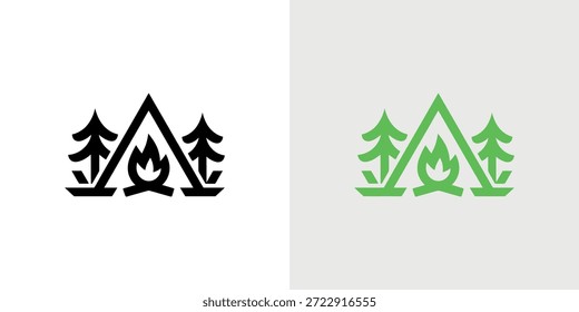 Duas variações de logotipo representando uma montanha, árvores e fogueira, apresentadas em preto e verde.