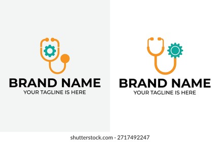 Dos variaciones del logotipo presentan un estetoscopio naranja con un engranaje verde azulado en el centro contra un fondo blanco. Los marcadores de posición de texto en negrita para el nombre de la marca y el lema están debajo de cada logotipo.