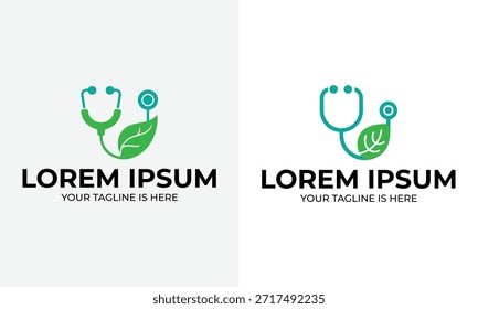 Zwei Logos verfügen über ein Stethoskop kombiniert mit einem grünen Blatt. Das eine Stethoskop ist grün, das andere Teal. Beide haben Platzhalter für schwarzen Text.