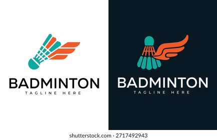 Two logos featuring a stylized teal and orange shuttlecock with wings. One is on a white background with black text, the other on a dark blue background with white text.
