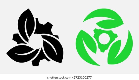 Dos logotipos, uno negro y otro verde, con hojas y engranajes estilizados, que simbolizan la tecnología y la innovación ecológicas.