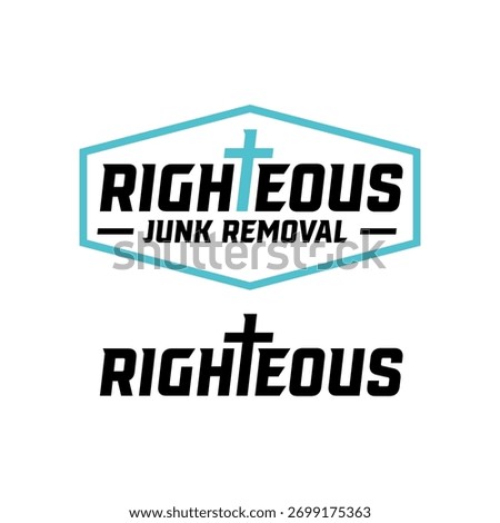 Two logos for Righteous Junk Removal, featuring a bold black font with a light blue cross replacing the 'T' in 'Righteous'.