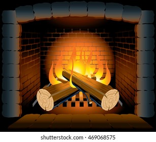 Two logs burning in a hot stone and brick fire place