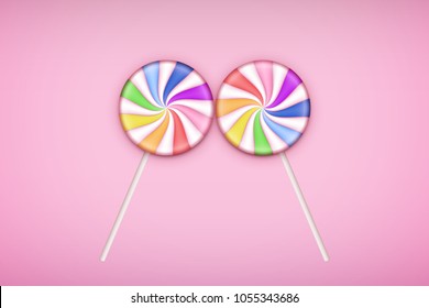 Two Lolipops candy on pastel pink background. Concept of Love. Vector Illustration.