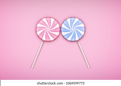 Two Lolipops candy on pastel pink background. Concept of Love. Vector Illustration.