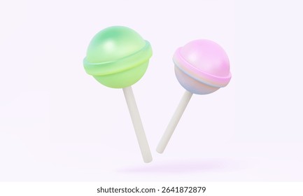 Two lollipop colorful 3D icon cartoon design on isolated background. sweet flavor glassy cute food kids, childhood birthday holiday summer concept. 3d render vector illustration element