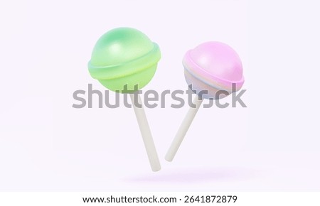 Two lollipop colorful 3D icon cartoon design on isolated background. sweet flavor glassy cute food kids, childhood birthday holiday summer concept. 3d render vector illustration element