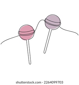 Two lollipop sticks vector one line continuous drawing illustration. Hand drawn linear silhouette icon. Minimal outline design element for print, banner, card, wall art poster, brochure.