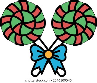 Two lollipops with a bow in between them. The lollipops are green and red