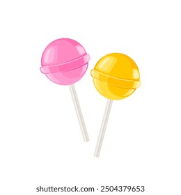 Two lollipops pink and yellow colors isolated on white background. Vector cartoon  illustration of round hard candies.