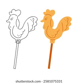 Two lollipops in the shape of a cockerel. Hand drawn clip art for your project.