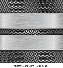 Two long brushed metal stripes on perforated background. Vector 3d illustration