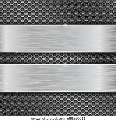 Two long brushed metal stripes on perforated background. Vector 3d illustration