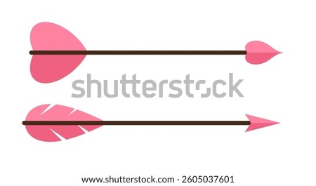 Two long love arrows with feathers. Flat vector illustration isolated on white background.