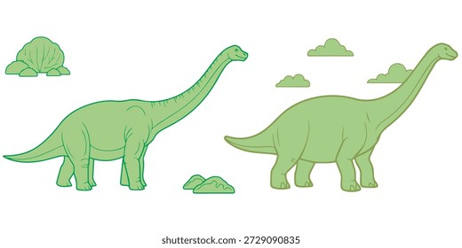 Zwei Sauropoden mit langem Hals und Steinen und Wolken auf weißem Hintergrund