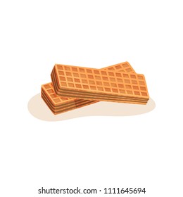 Two long rectangular waffles with chocolate filling. Tasty and sweet food. Flat vector element for recipe book, cafe menu or promo poster